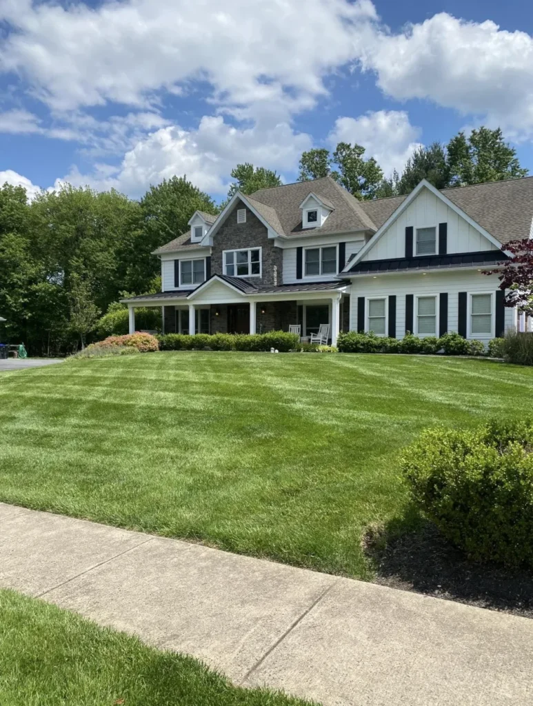 Freshly mowed and striped lawn in front of a large home in Collegeville, PA